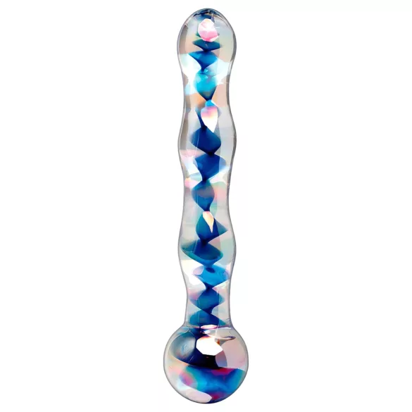Icicles No. 08 - hullámos, kétvégű, üveg dildó (átlátszó-kék)