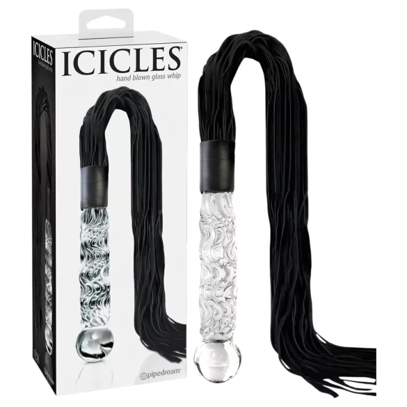 Icicles No. 38 - bőr korbács és üveg dildó (átlátszó-fekete)