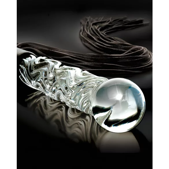 Icicles No. 38 - bőr korbács és üveg dildó (átlátszó-fekete)