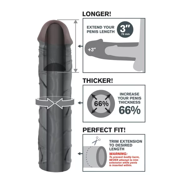 Pipedream - X-TENSION Mega 3 - élethű péniszköpeny (22,8 cm, fekete)