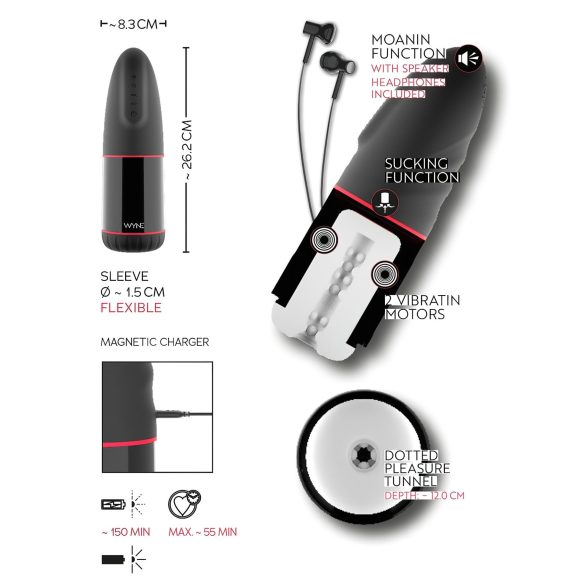 WYNE 02 - akkus, rezgő-szívó maszturbátor (fekete-fehér)