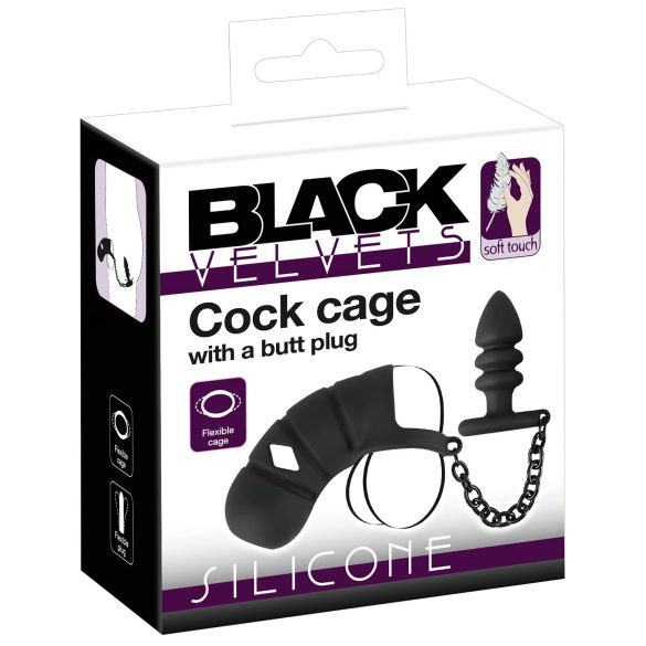 Black Velvet - szilikon pénisz ketrec anál pluggal (fekete)