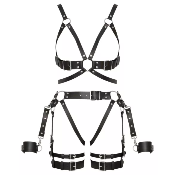 ZADO - többrészes bőr harness szett bilinccsel (fekete)