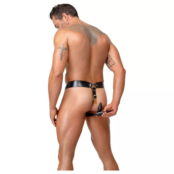 ZADO - fekete bőr erényöv tanga férfiaknak, 2 lakattal (S-2XL)