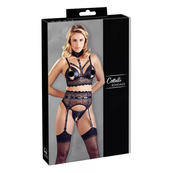 Cottelli Bondage - csipke fehérnemű szett bilinccsel (fekete)