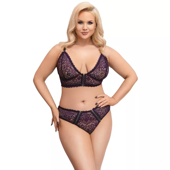 Cottelli Plus Size - áttetsző mintás melltartó szett (lila)
