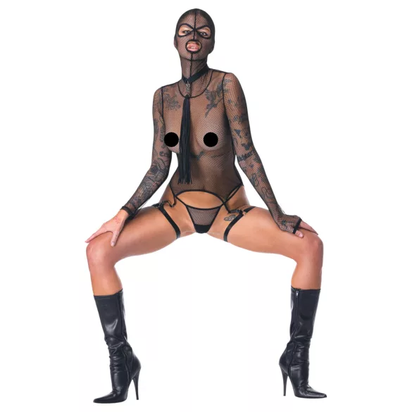 Bad Kitty - BDSM áttetsző necc szett korbáccsal (fekete)