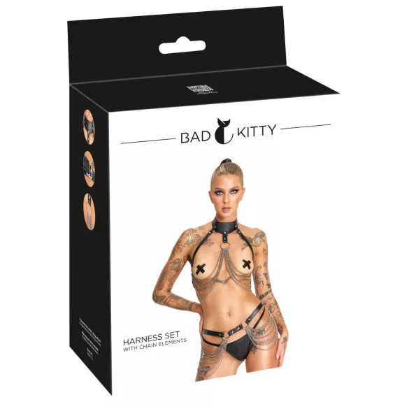 Bad Kitty - 3 részes fekete harness szett mell- és csípőpánttal (S-L)