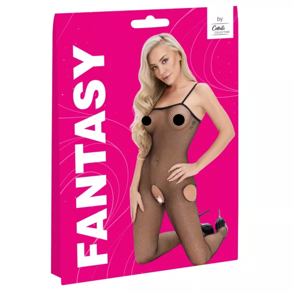 Cottelli Fantasy - csípőkivágásos nyitott fekete necc cicaruha (S-L)