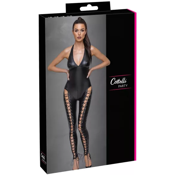 Cottelli Party - nyakpántos fűzős overál (fekete)
