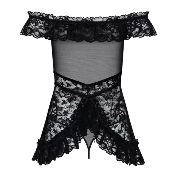 Obsessive Flores - fodros babydoll és tanga (fekete)