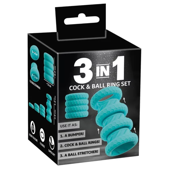 You2Toys - 3in1 pénisz- és heregyűrű szett férfiaknak (türkiz)