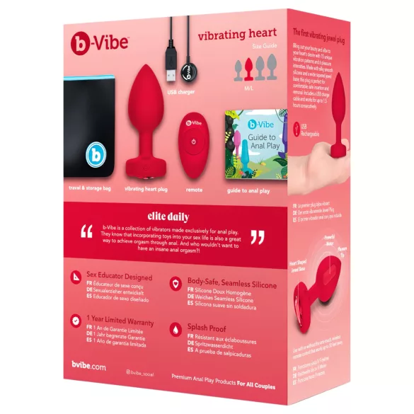b-Vibe heart - akkus, rádiós anál vibrátor (piros)