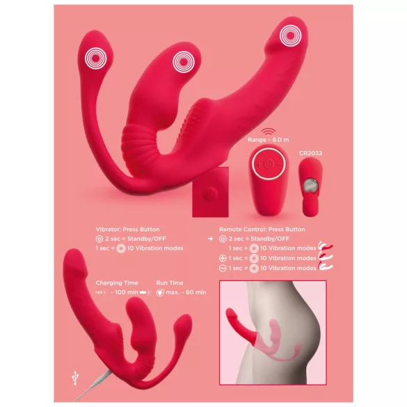 You2Toys Strapless - felcsatolható 3 ágú vibrátor (piros)