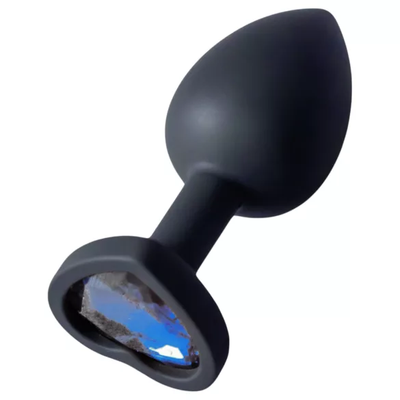 Sunfo - szilikon anál plug szív alakú sötét kék kővel (fekete)