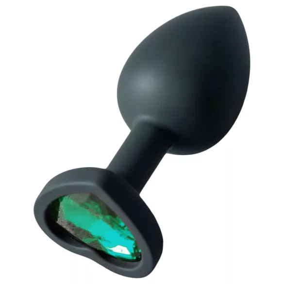 Sunfo - szilikon anál plug szív alakú sötét zöld kővel (fekete)