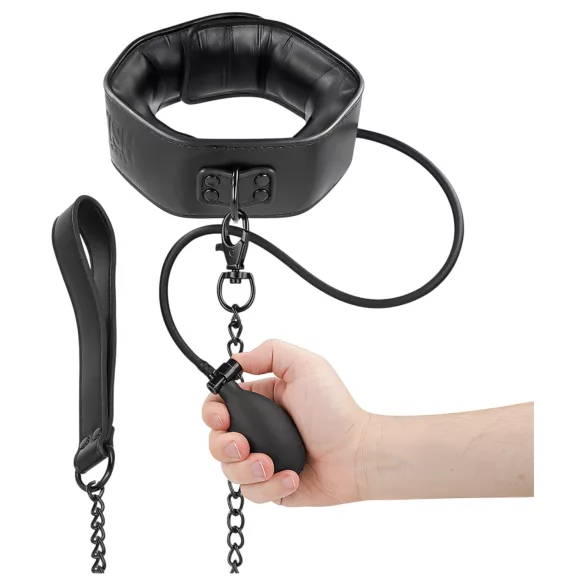 Fetish - felpumpálható nyakörv pórázzal, bondage szett (fekete)