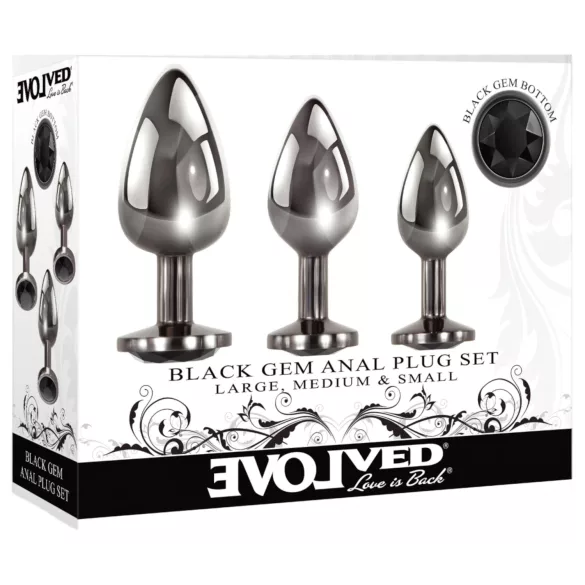 Evolved Black Gem - fém anál plug szett, fekete kővel (ezüst)