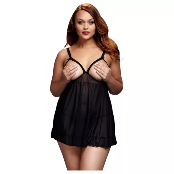 BACI Plus Size - nyitott, pöttyös, fekete babydoll (XL-XXL)